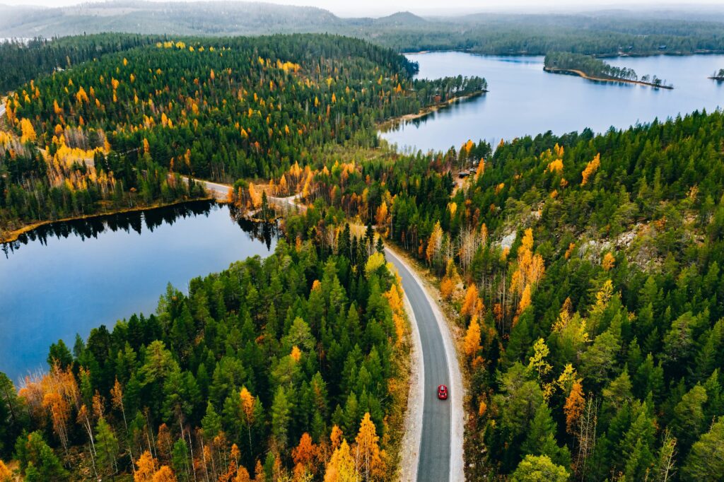 Aerial view of rural road with red car in yellow and orange autumn forest with blue lake