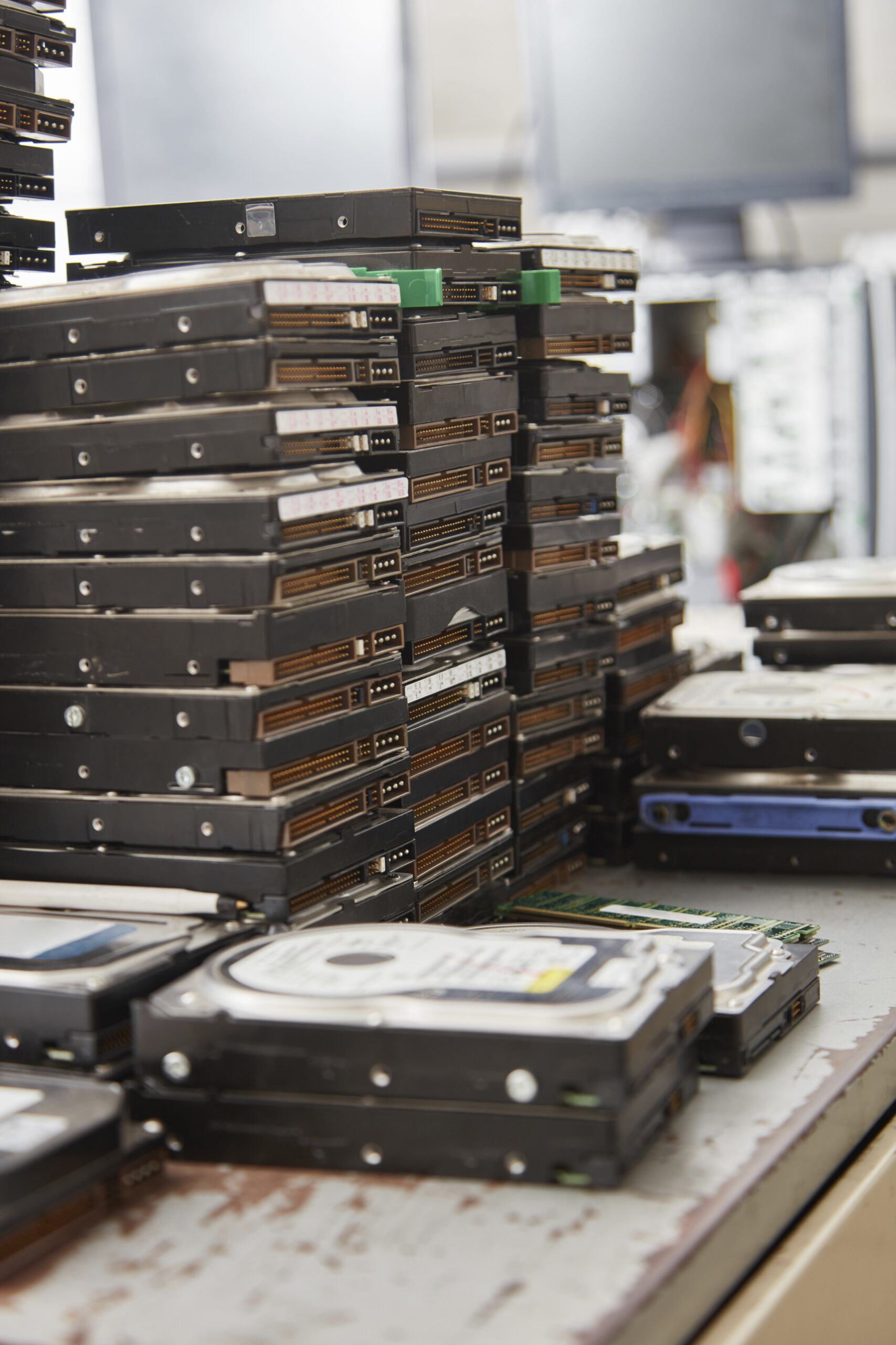Old computer hard disks in recycling plant
