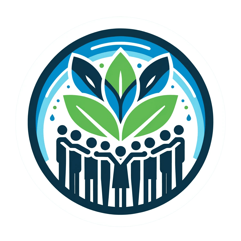 This image depicts a circular logo combining elements of nature and community. The design features a vibrant green plant at the center, symbolizing growth and sustainability, surrounded by a blue water motif and a circle of interconnected human figures, suggesting unity and cooperation. The clean lines and modern color palette convey a sense of environmental awareness and social responsibility.