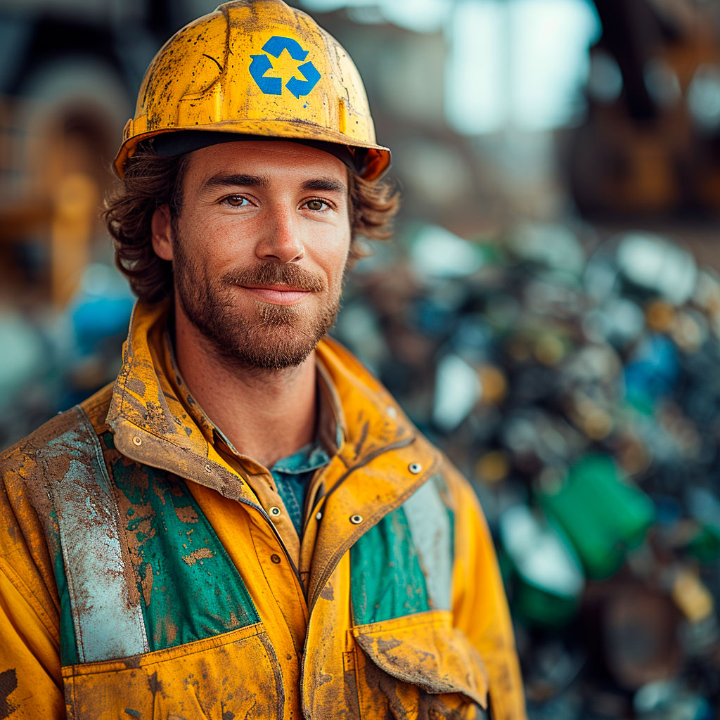 A portrait of a man with a friendly smile, wearing a yellow hard hat marked with a blue recycling symbol. He is dressed in a stained and worn orange jacket, suggesting work in a rugged environment. Behind him, a blurred pile of scrap metal and waste adds to the industrial setting, reinforcing the theme of recycling and sustainability. His relaxed and approachable demeanor contrasts with the harsh surroundings, bringing a human touch to the scene.