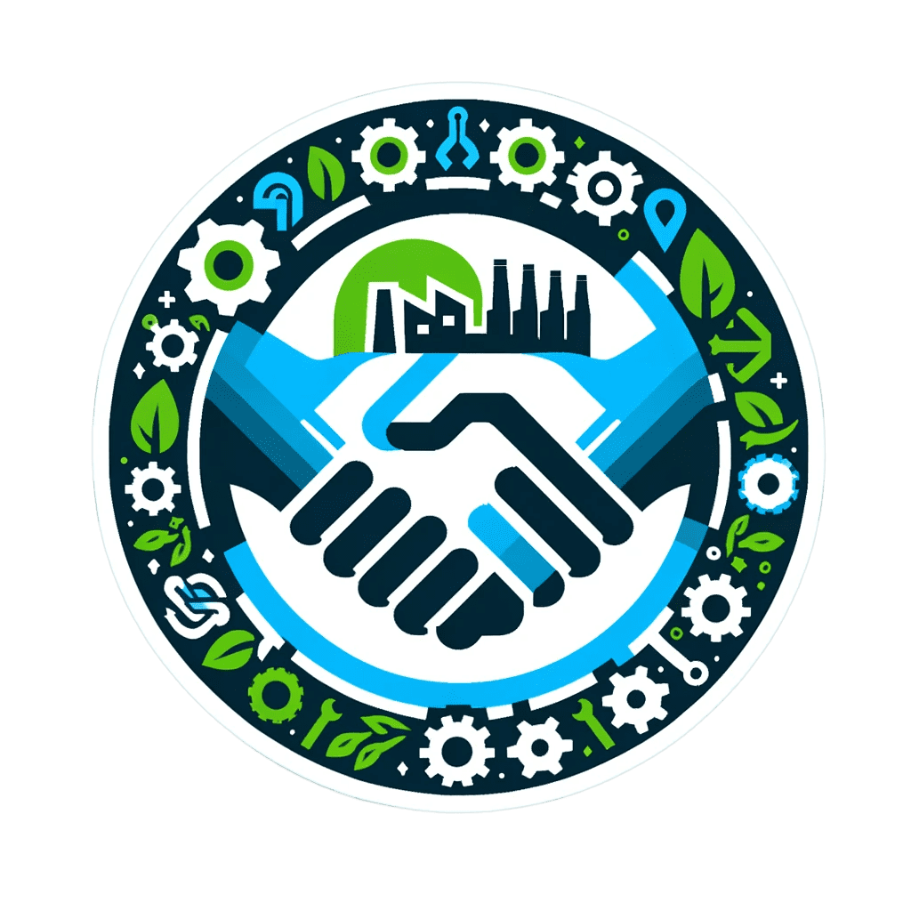 The emblem features a stylized handshake integrated with industrial and ecological elements against a blue background. Surrounding the handshake are gears, a factory silhouette, water drops, leaves, and small plants, representing a harmonious balance between industrial progress and environmental sustainability.