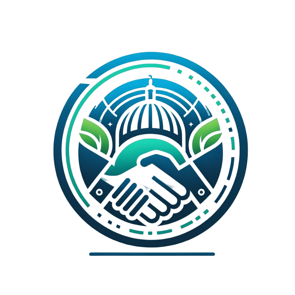 The emblem presents a symbolic handshake encompassed by iconic elements like the dome of a capitol building and green leaves, all within a circular design. This represents the cooperation between government and environmental conservation efforts, illustrated through the use of blue and green colors to signify harmony and sustainability.