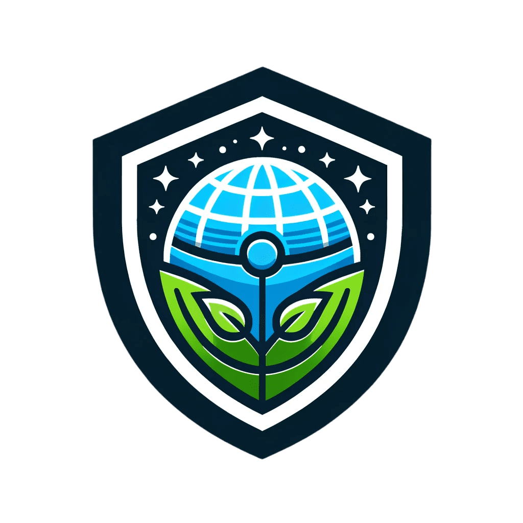 The image shows a stylized emblem featuring a globe at the center surrounded by a leaf motif, all encased within a shield shape.