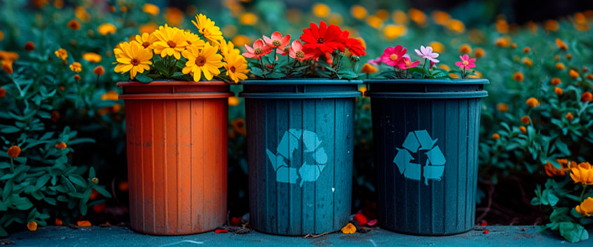 The image features three trash bins lined up in a garden setting, each filled with a vibrant display of flowers. From left to right, the bins are orange, blue, and blue, with the latter two adorned with white recycling symbols. The bins are set against a lush background of colorful flowers, emphasizing a creative and eco-friendly use of repurposed items for decorative purposes.
