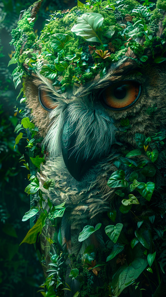 This image features a creative, artistic representation of an owl's face, intricately composed of various types of leaves and plant material. The owl's intense gaze is captured through vivid, orange eyes, set against the lush greenery that forms its feathers, enhancing the mystical and natural essence of the artwork.