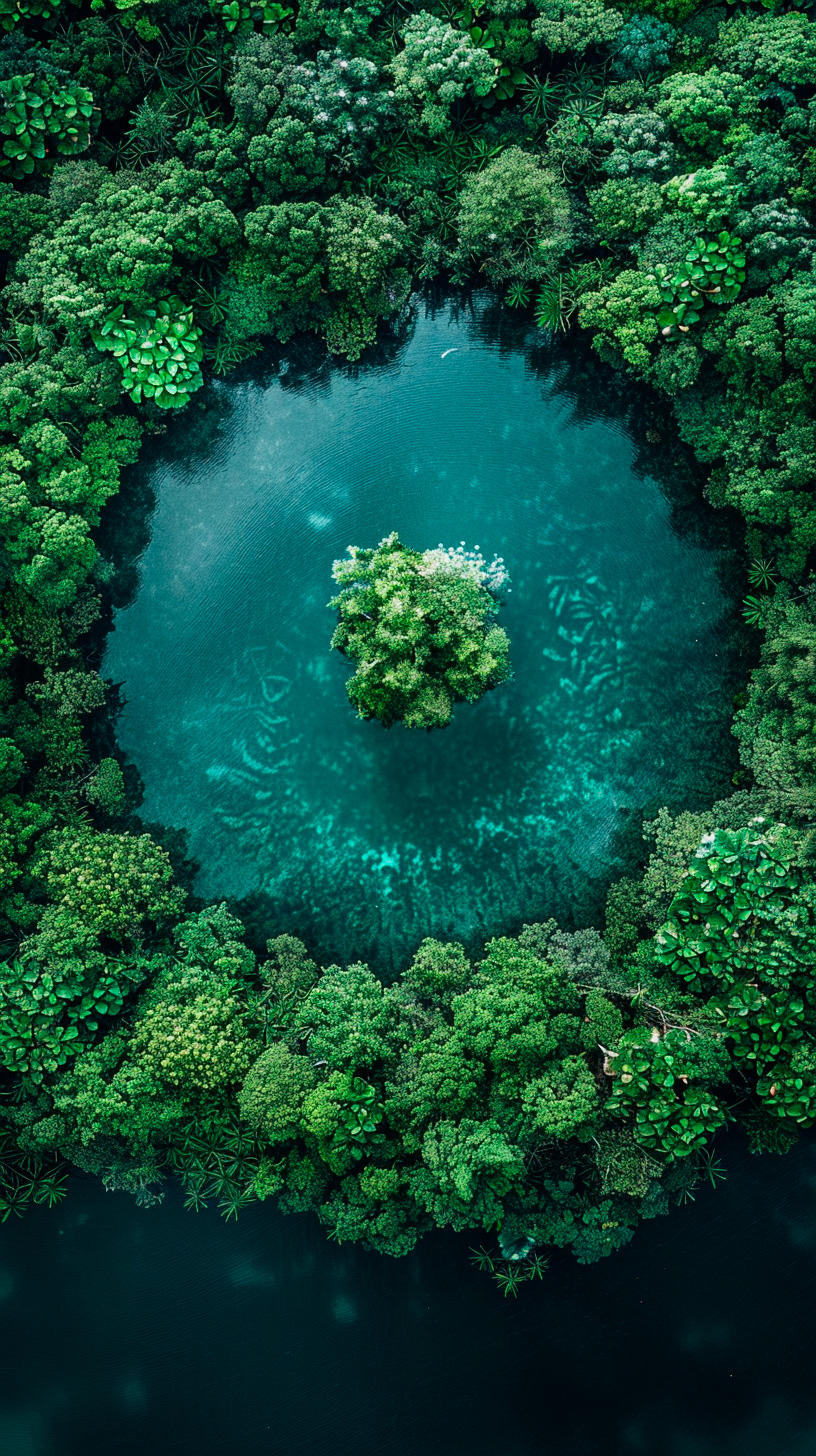 This aerial image showcases a lush, dense forest surrounding a dark blue, circular water body. The contrasting green tones of the various trees and the circular shape of the water create a visually captivating scene, resembling an eye or a secluded oasis in the midst of a forest.