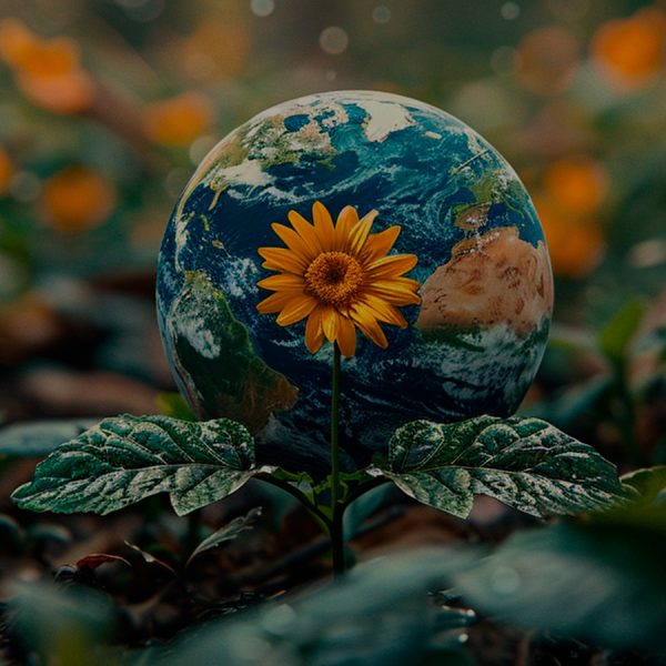 A yellow flower growing next to a blue and green globe in a field of flowers.