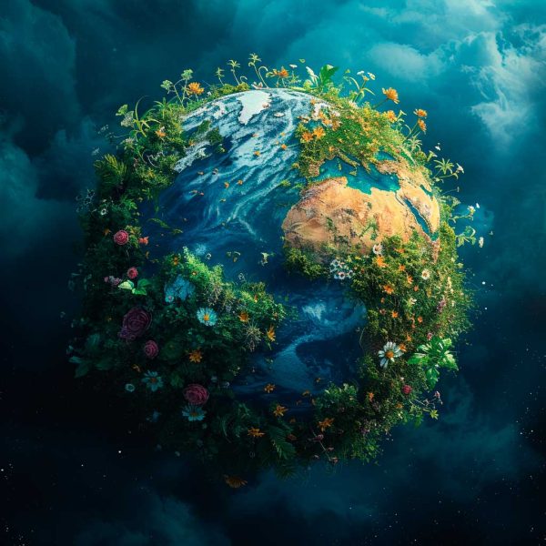 An artistic representation of the Earth, richly adorned with a variety of flowers and lush greenery over its surface, set against a deep blue and cloudy background.
